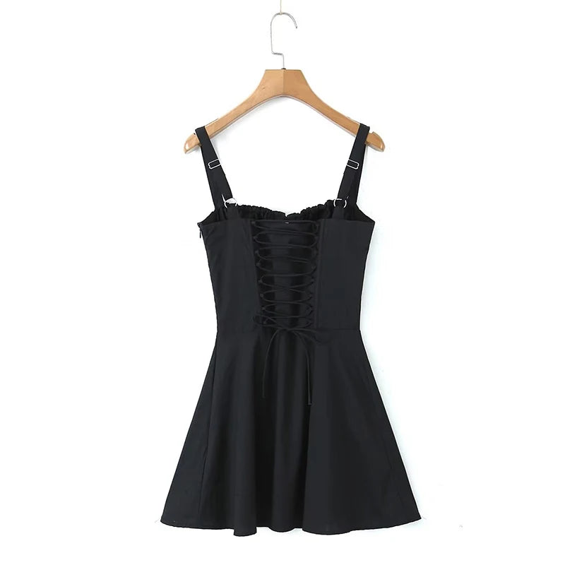 New Fashion Women Back Lacing Up Bandage Black White Sling Dress Sexy Sleeveless Female Summer Party Mini Robe