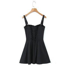 New Fashion Women Back Lacing Up Bandage Black White Sling Dress Sexy Sleeveless Female Summer Party Mini Robe