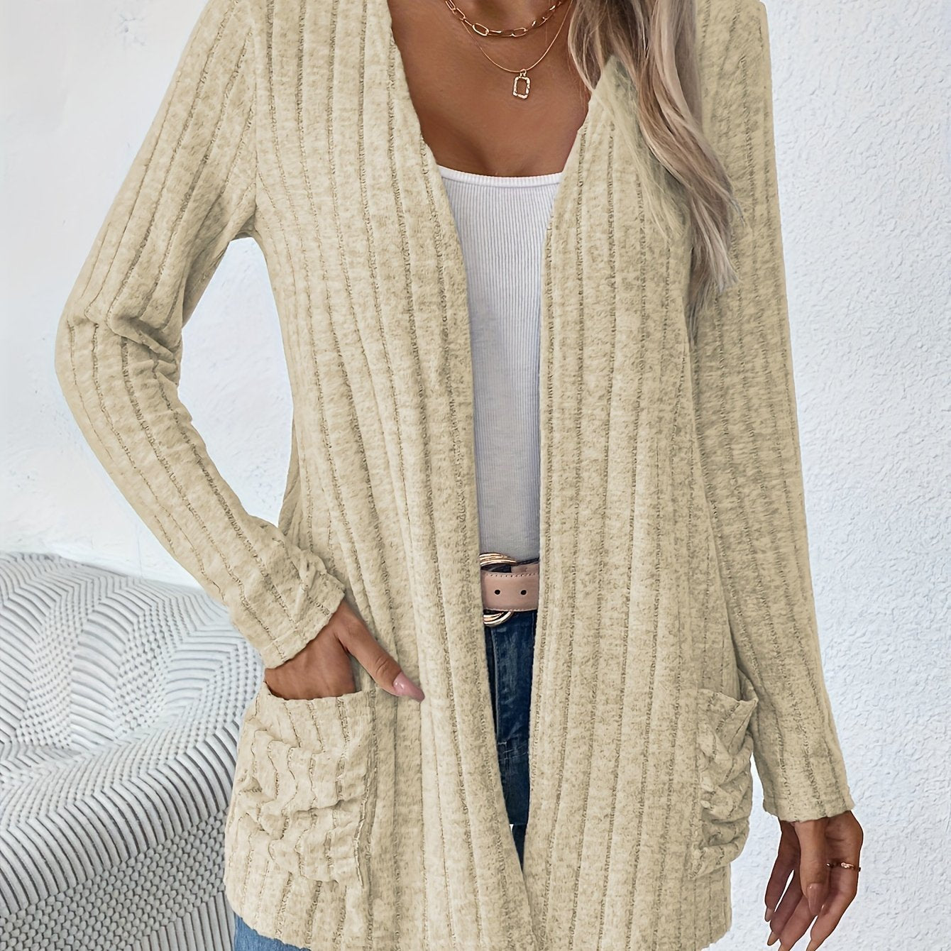 Cozy Ribbed Cardigan - Casual Jackets for Women with Dual Pockets and Long Sleeves for Spring and Fall - Soft, Open Front, and Versatile