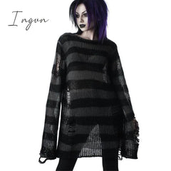 Ingvn - Punk Gothic Long Unisex Sweater  Summer Women Striped Cool Hollow Out Hole Broken Jumper Loose Rock Thin Dark Streetwear Top