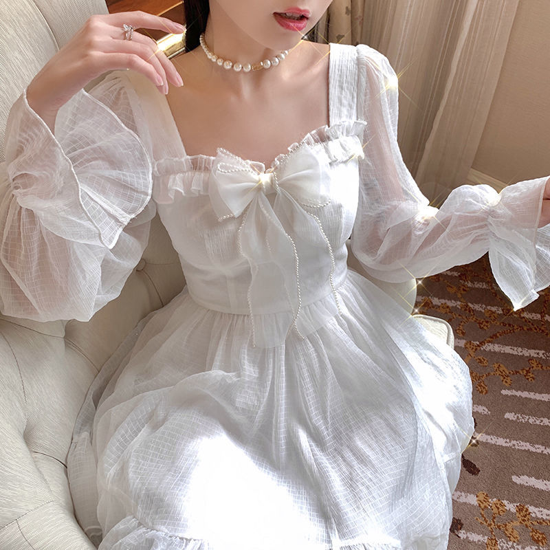 French Sweet Fairy Lolita Dress Women Long Sleeve Lace Y2k Mini Dress Vintage Kawaii Clothes One Piece Dress Korean Autumn spring
