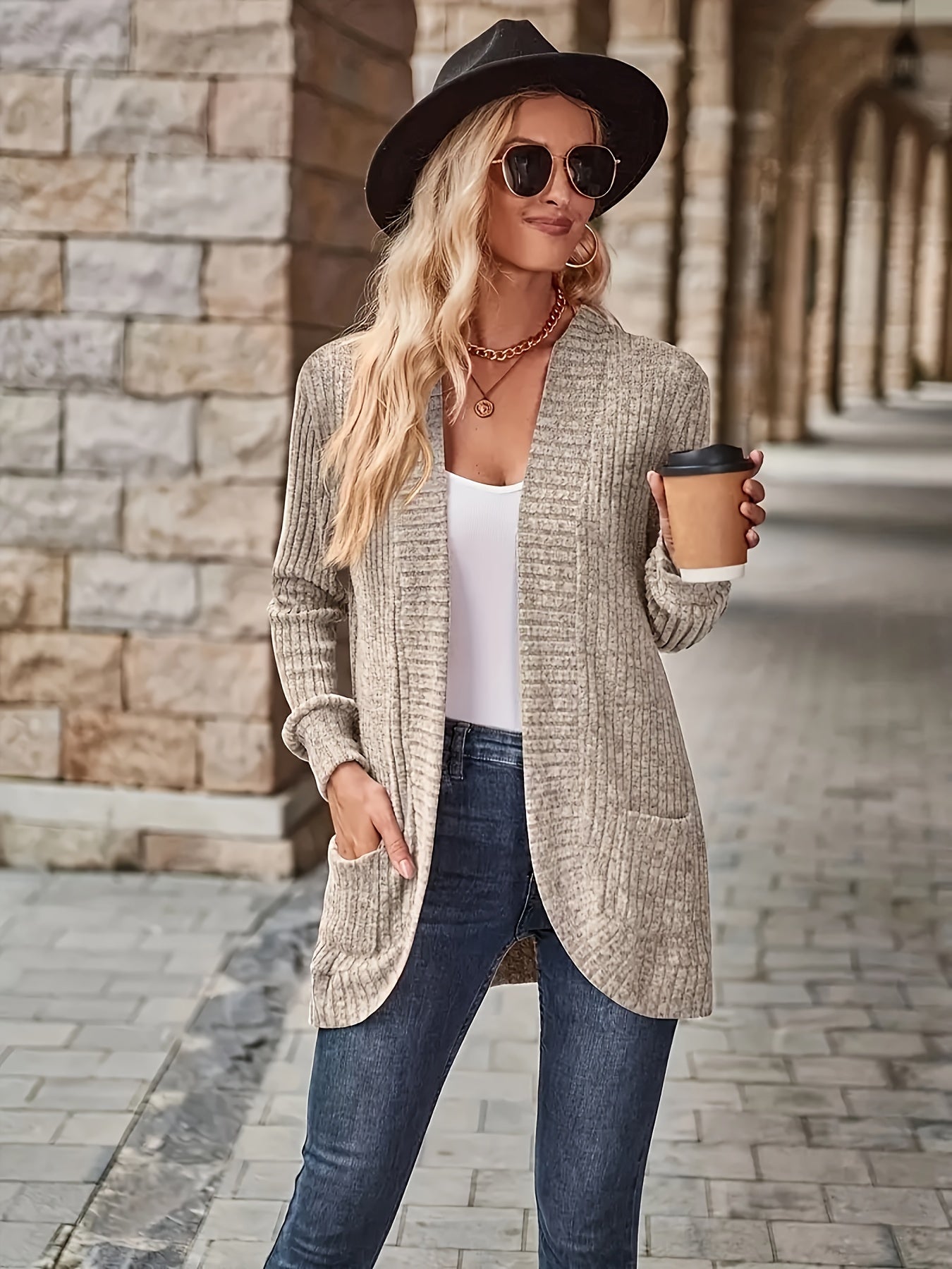 Solid Color Open Front Cardigan, Versatile Long Sleeve Pockets Cardigan For Spring & Fall, Women's Clothing