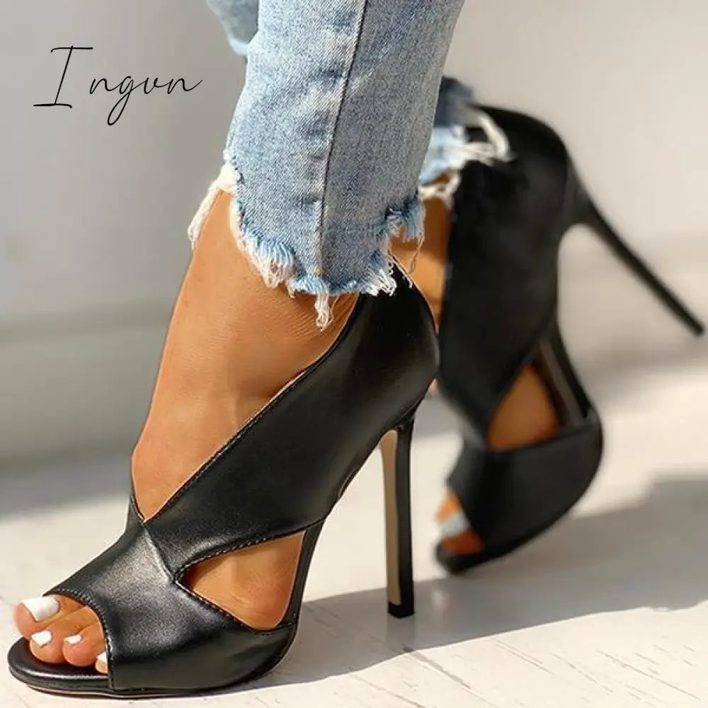 Ingvn - Solid Peep Toe Cut Out PU Thin Heels