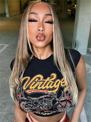 Ingvn - 2023 y2k Clothes Streetwear T Shirts Ladies Black O neck Crop Tops Short Sleeve Summer Print graph Tees T Shirts Women