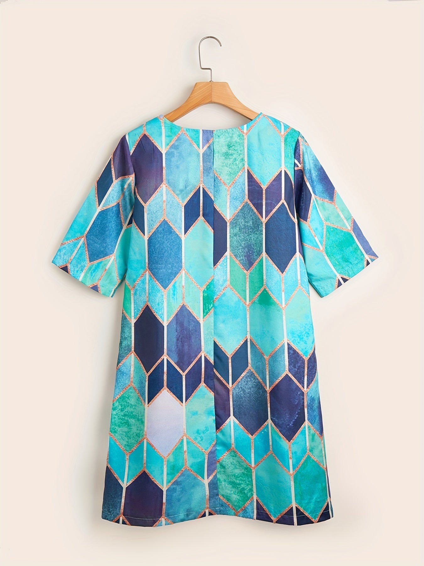 Multicolor Printed V-Neck Flowy Dress - Loose Fit & Crop Sleeves for Spring/Fall - Mature Style, Waist Emphasizing, Perfect Womens Wardrobe Staple
