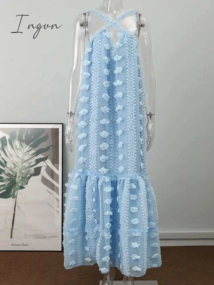 Ingvn - Sleeveless Halter Maxi Summer Dress For Women Fashion Ruffle Beach Long Robe Elegant Slip Holiday Hollow Out Sundress