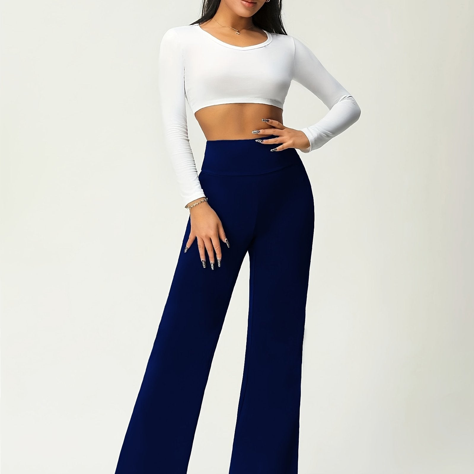 Women's Solid Flare Leg Pants, High Waist Stretchy Pants, Casual Every Day Pants, Women's Clothing
