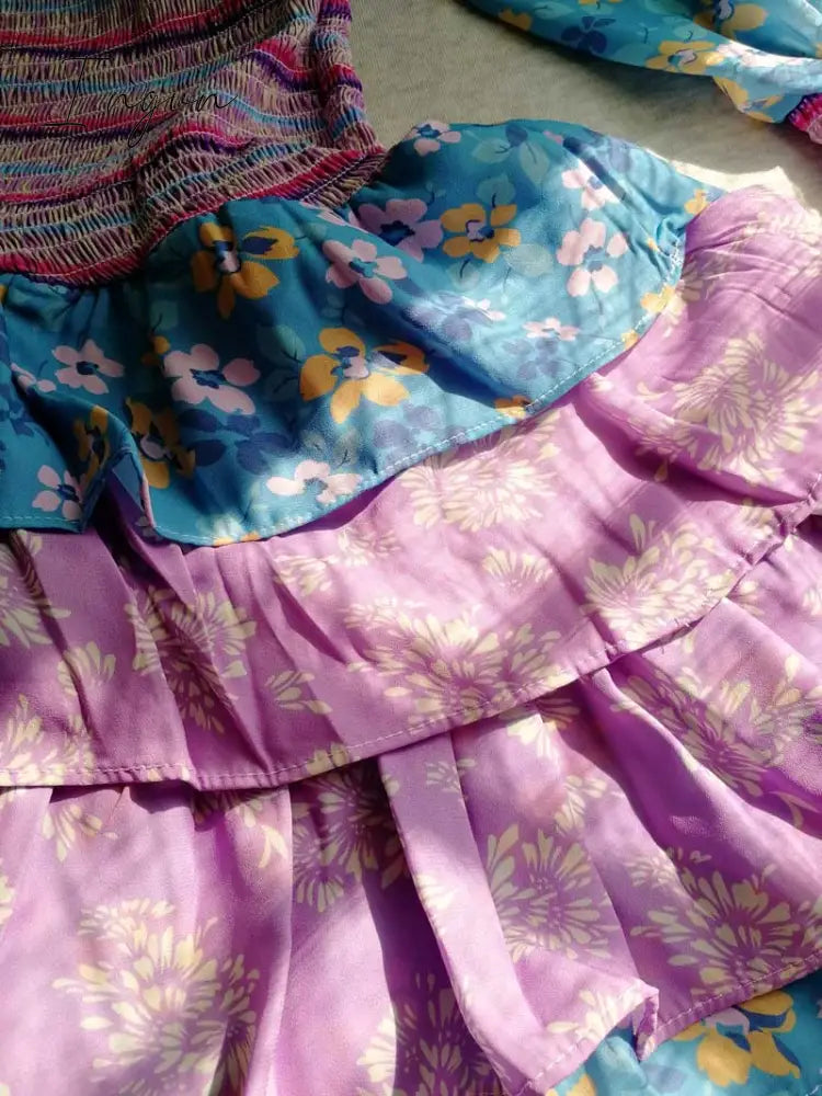 Ingvn - Inspired mixed floral prints ruffled party dress puff sleeve square neck smocked sexy laides dress mini chic summer dress