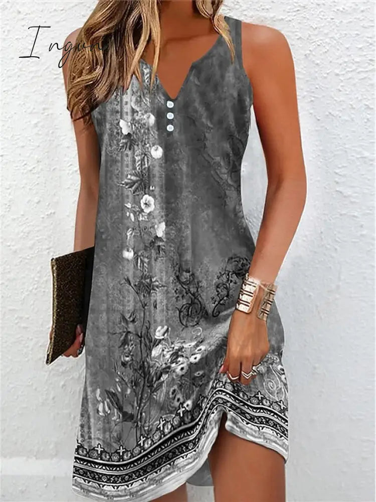 Ingvn - Women's Casual Dress Shift Dress Tank Dress Floral Button Print V Neck Mini Dress Active Fashion Outdoor Street Sleeveless Loose Fit Dark Gray Summer Spring XXL