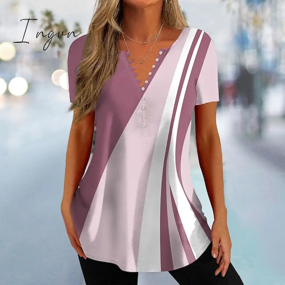 Ingvn - Women's T shirt Tee Black Pink Blue Color Block Button Print Short Sleeve Daily Weekend Basic V Neck Regular Painting S