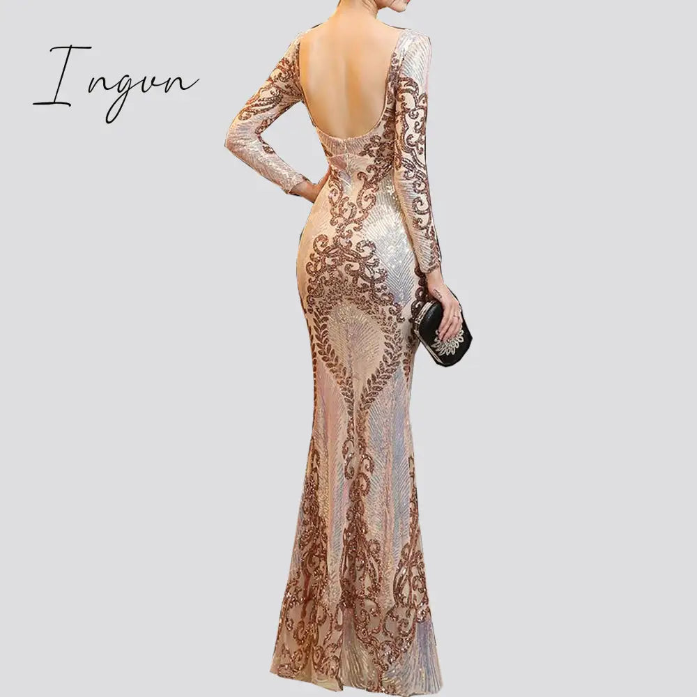 Ingvn - Hot Sale O-neck Long-Sleeve Shinning Sequins Evening Dresses Sexy Backless Mermaid Party Gowns Maxi Elegant Multi Female Robes vestidos