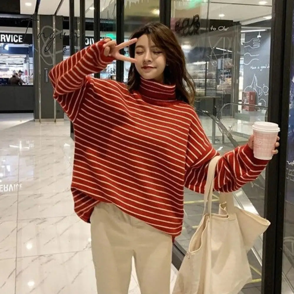 Ingvn - Vintage Striped Loose Turtleneck Knitted Sweater