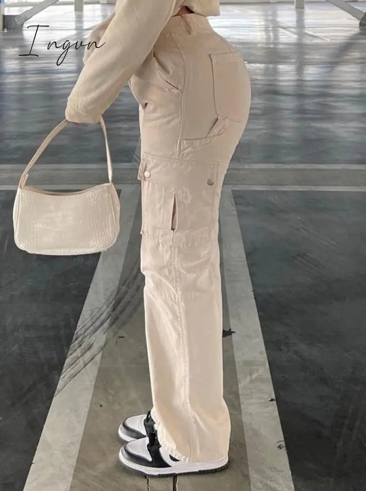 Ingvn - Khaki Cargo Pants Jeans Women High Waist Slim Fashion Streetwear ArmyGreen Big Pockets Y2k Vintage Baggy Denim Trousers Overalls