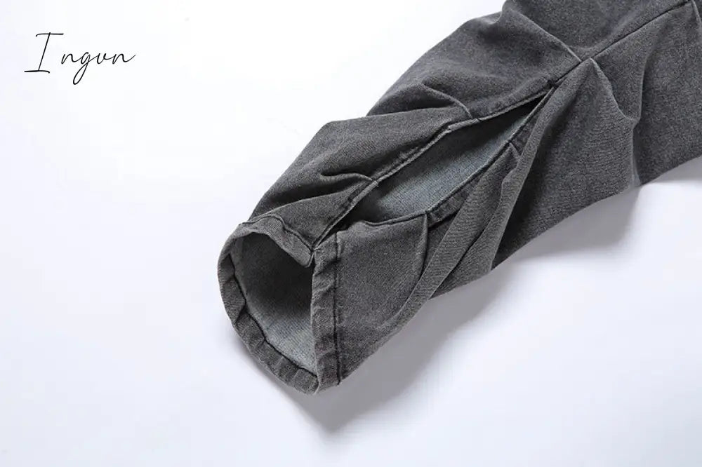 Ingvn - Grey Split Denim Stacked Pants Zip Up Baddie Style Streetwear Pencil Jeans For Women High Waist Bodycon Ruched Trousers