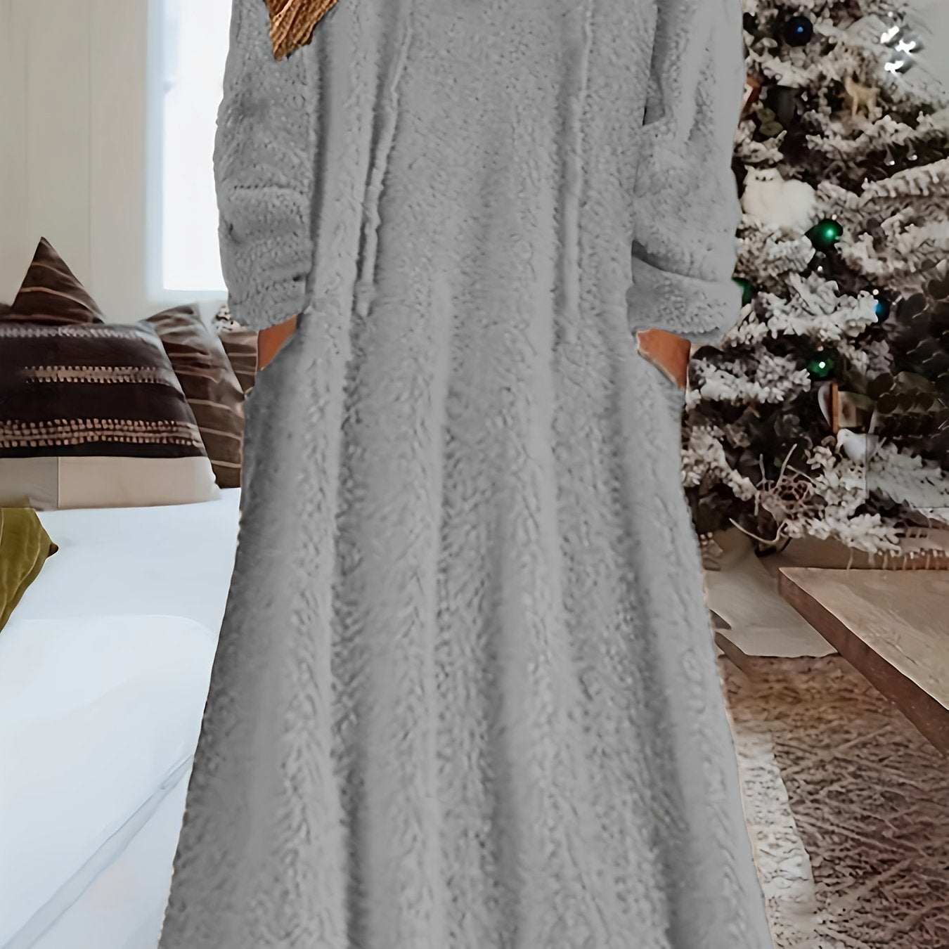 Cozy Plus Size Hooded Fleece Dress with Pockets - Long Sleeve, Drawstring Comfort for Everyday Wear