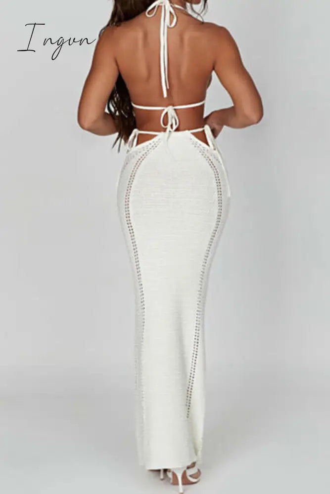 Ingvn - Sexy Vacation Solid Backless Strap Design Halter Sleeveless Two Pieces
