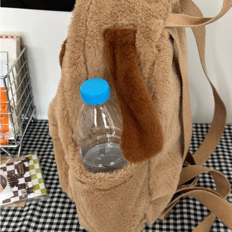 Ingvn  Cute Puppy Womens Backpack Plush Brown Fluffy Cartoon Sweet Kawaii School Backpack Students Casual Daily Fashion New Bag