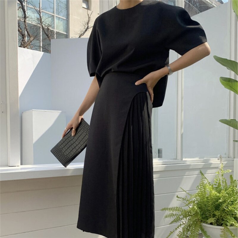 Summer Korean Skirt Suits Women Two Piece Set Short Sleeve O-neck Top + High Waist Long Pleated Skirt 2 Piece Outfits Elegant