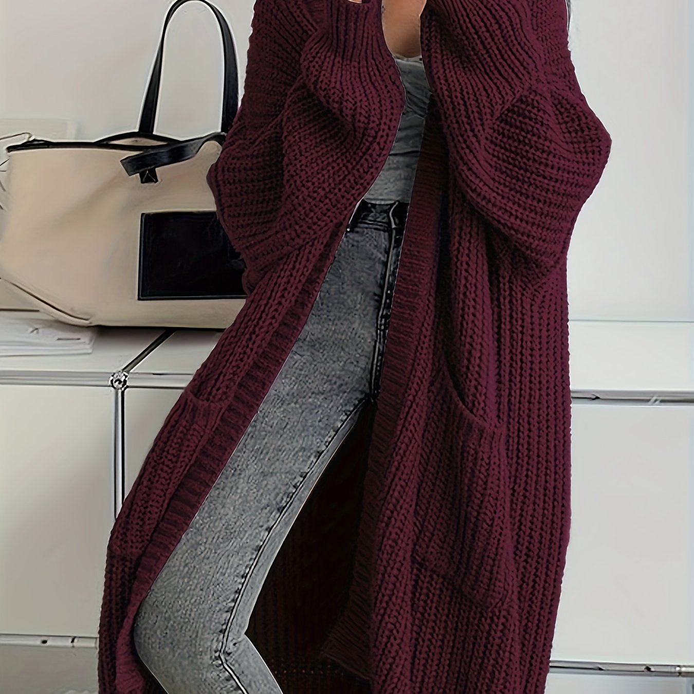Solid Open Front Cardigan, Casual Long Sleeve Drop Shoulder Long Length Outwear, Women's Clothing