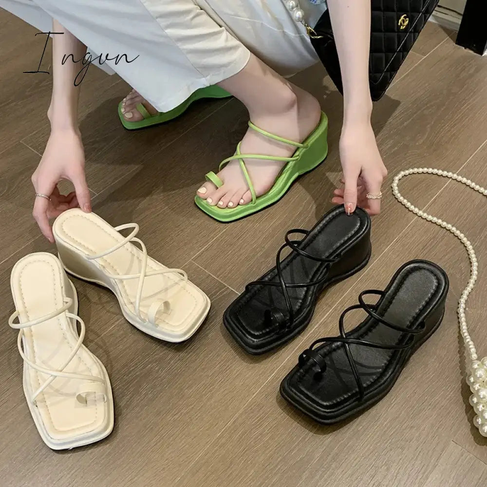 Ingvn - 2024 new fashion slope heel sandals female summer sandals wearing half slippers fairy strapping sandals female