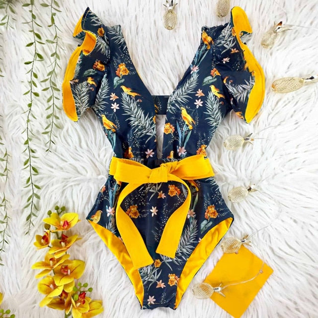 New Sexy Ruffle Print Floral One Piece Swimsuit Off The Shoulder Swimwear Women Solid Deep-V Beachwear Bathing Suit Monkini