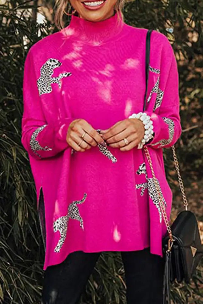 Ingvn - Casual Animal Slit Printing Turtleneck Tops
