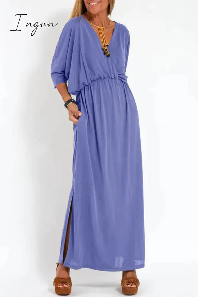 Ingvn - Casual Simplicity Solid Pocket Slit V Neck A Line Dresses