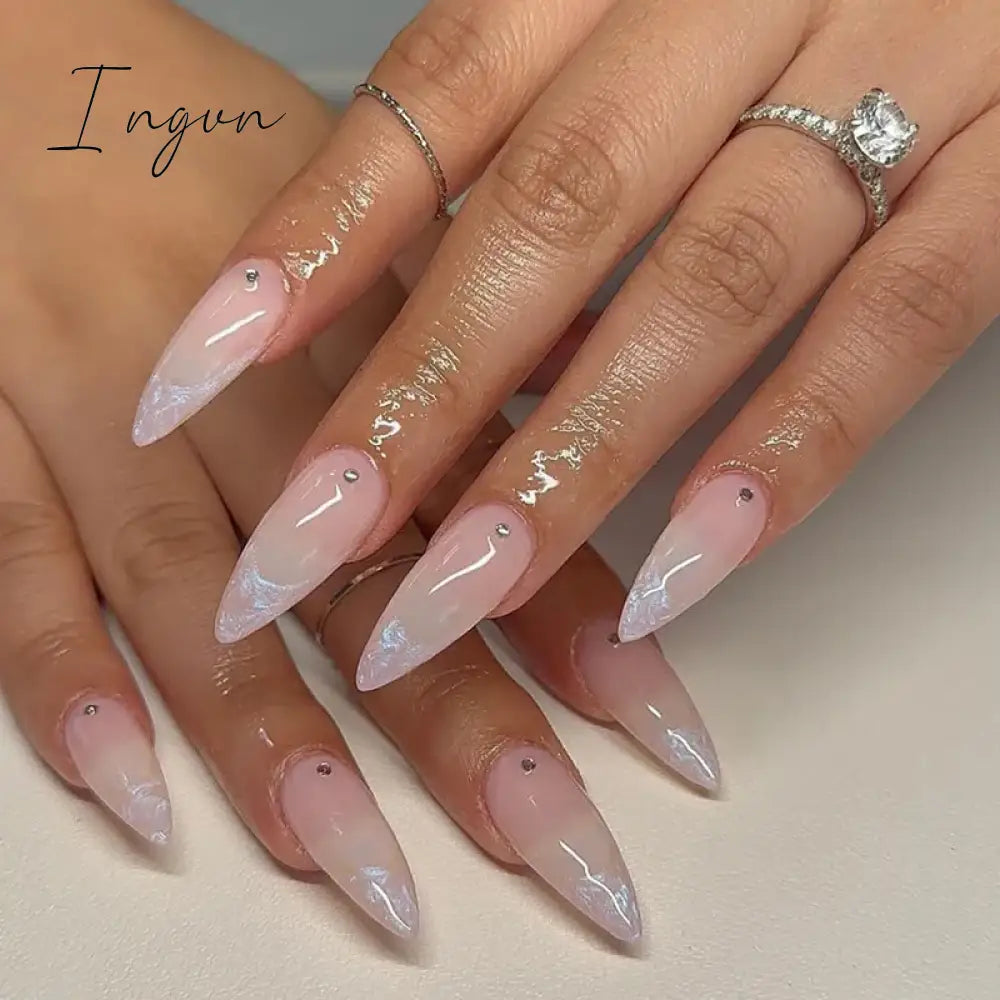 24pcs Short Glitter Purple False Nails  Almond Stiletto French Wearable Fake Nails Art Artificial Full Cover Press on Nail Tips