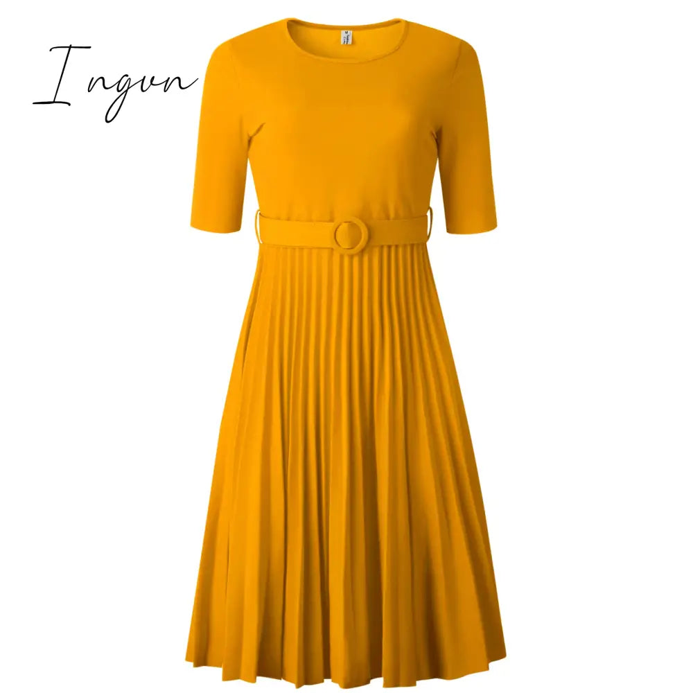 Ingvn - African Style Women Casual Belted Pleated Dress Elegant Chic Office Lady A-Line High Waist Dress Autumn Winter Fashion