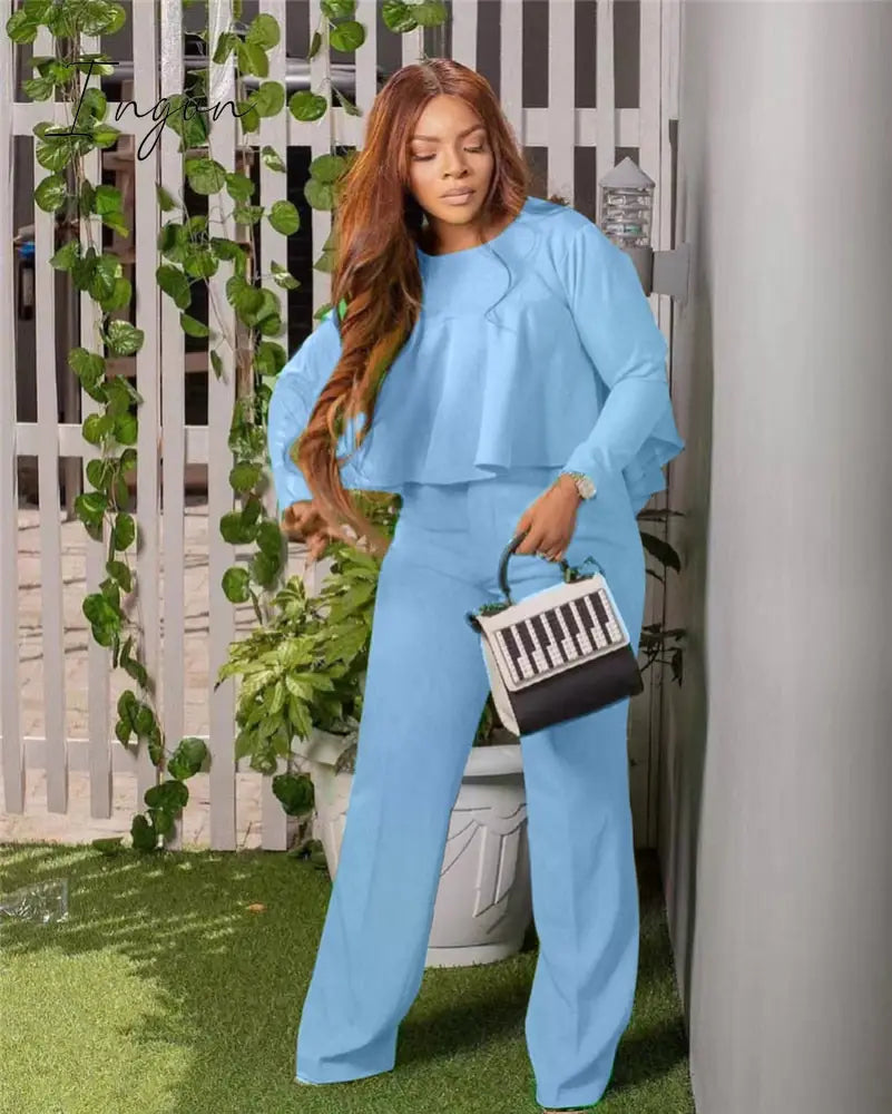 Ingvn - 2023 Elegant Work Wear Two Piece Set Fall Clothes for Women Ruffles Crop Top and Wide Leg Pants Suits Matching Sets Sexy Club Outfits