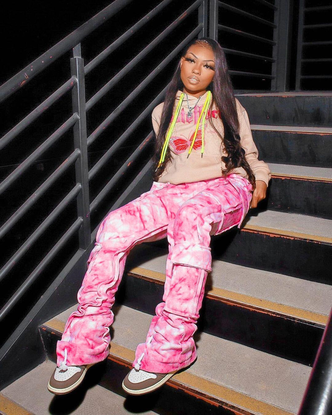 Multi Pocket Drawstring Stacked Sweatpants Street Style Tie Dye Cargo Pants Y2k Clothes Women Trousers