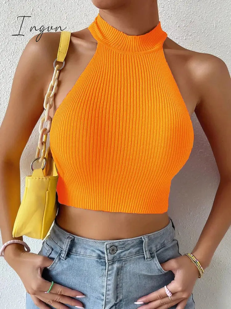 Ingvn - Summer Dopamine Women Basics Casual Knit Sleeveless Corset Halter Crossfit Crop Top Y2k Clothes Femme Stretch Sweater Tank