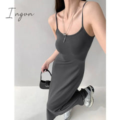 Ingvn - 2023 Summer Grey Dress Womens Straps Dress Sleeveless Sexy Korean Fashion Black Suspender Simple Temperament Mom Long Dresses