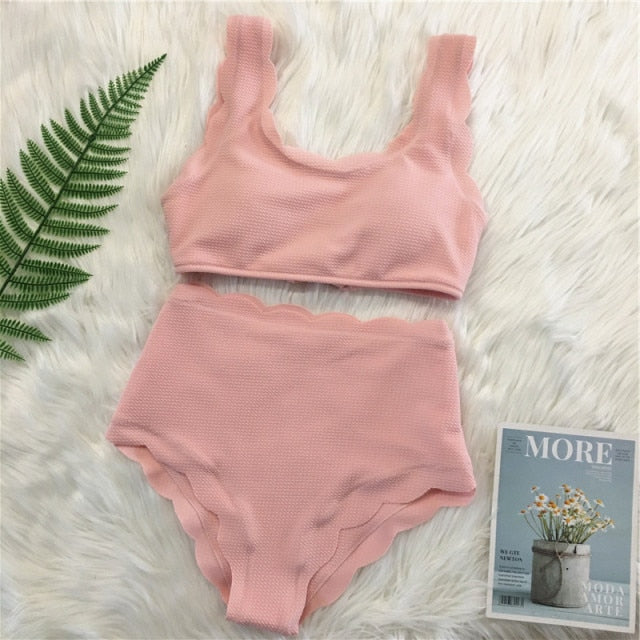 Voguable New Women Swimsuit Scalloped High Waist Bikini Set Solid Two Pieces Plus Size Swimwear Biquini Tankini