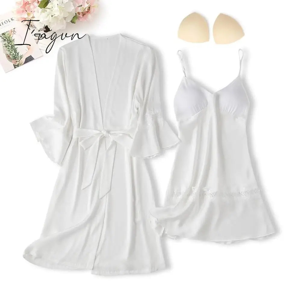 Ingvn - Lace Trim Sexy Wedding Lady Robe Suit Loose Satin Bride Bridesmaid Kimono Bathrobe Gown Mini Sleepwear Rayon Intimate Lingerie