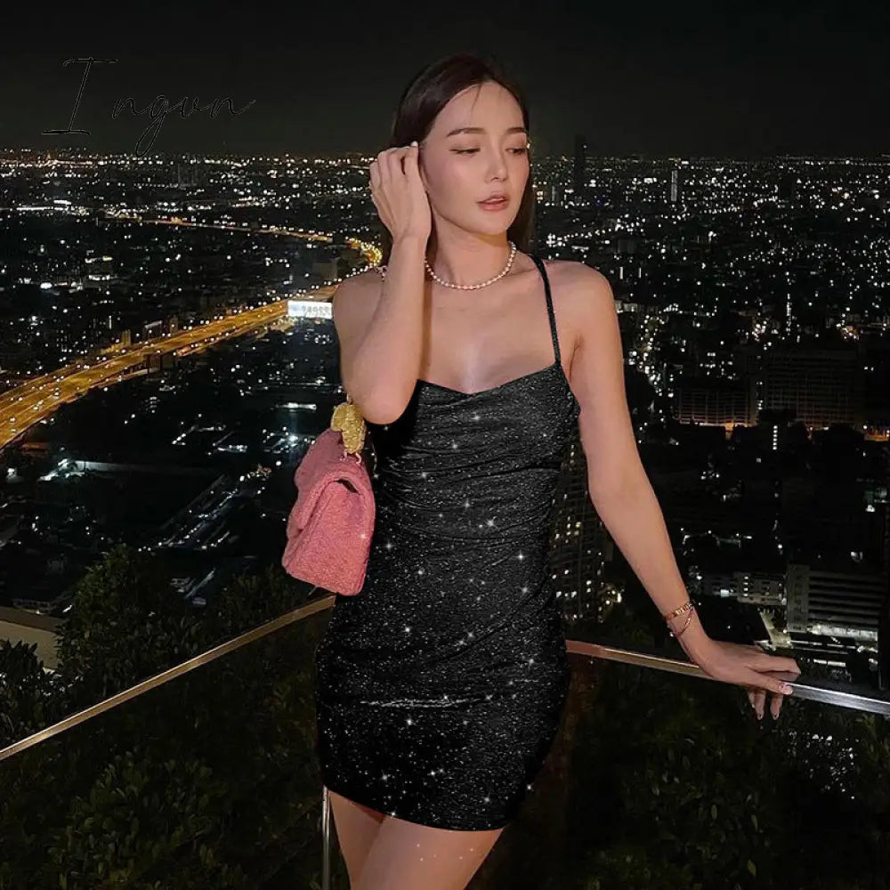 Ingvn - Women Sequin Sparkly U Neck Bodycon Mini Dress Summer Exotic Tight Elegant Party Evening Luxury Fashion Sexy Formal Dresses