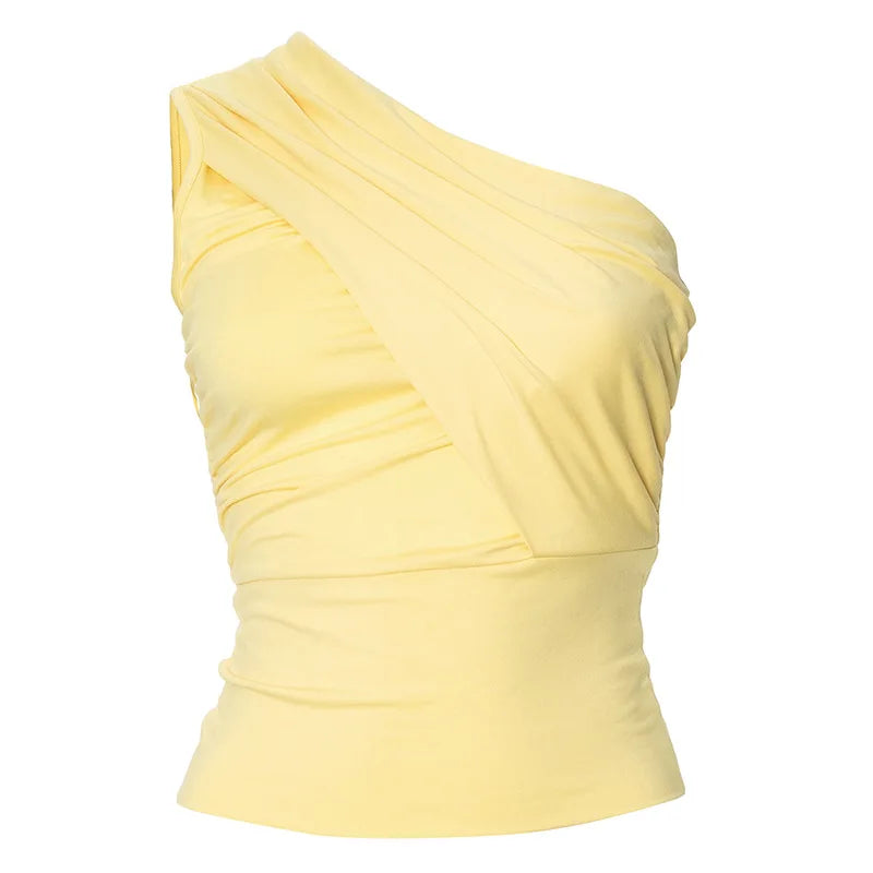 Ingvn  Yellow Tank Tops Women's Summer One Shoulder Sleeveless Short T-shirt Y2K Streetwear  Fashion Diagonal Collar Slim Crop Top