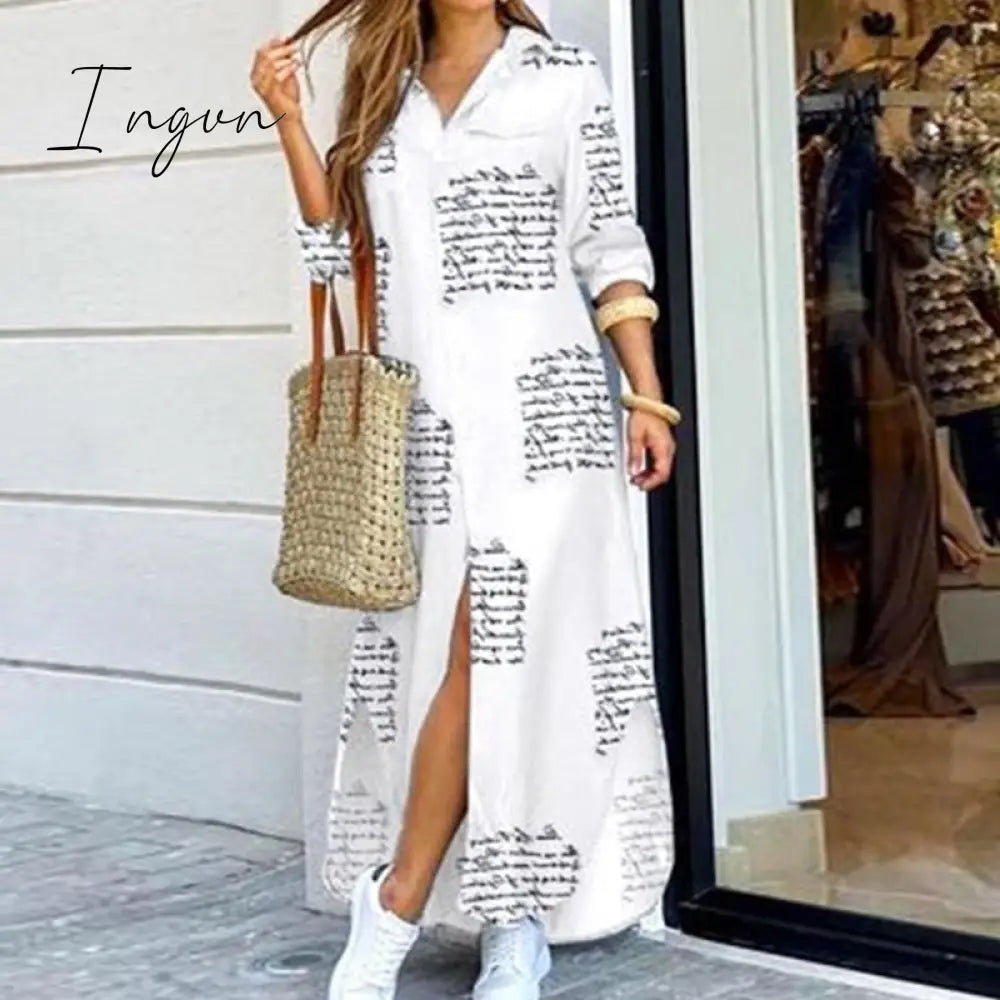 Ingvn - Fashion Women Long Sleeve Shirt Dress Autumn  Printed OL Long Dresses Laides Turn-down Collar Loose Sundress Party Dresses
