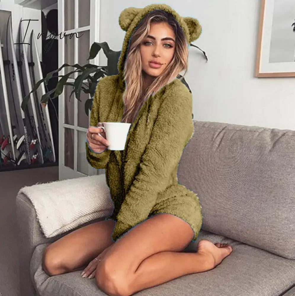 Ingvn - Autumn Keep Warm Velvet Women Rompers Long Sleeve Bodysuit Cute Bear Ears Hoodie Casual Winter Long Sleeve Siamese Shorts