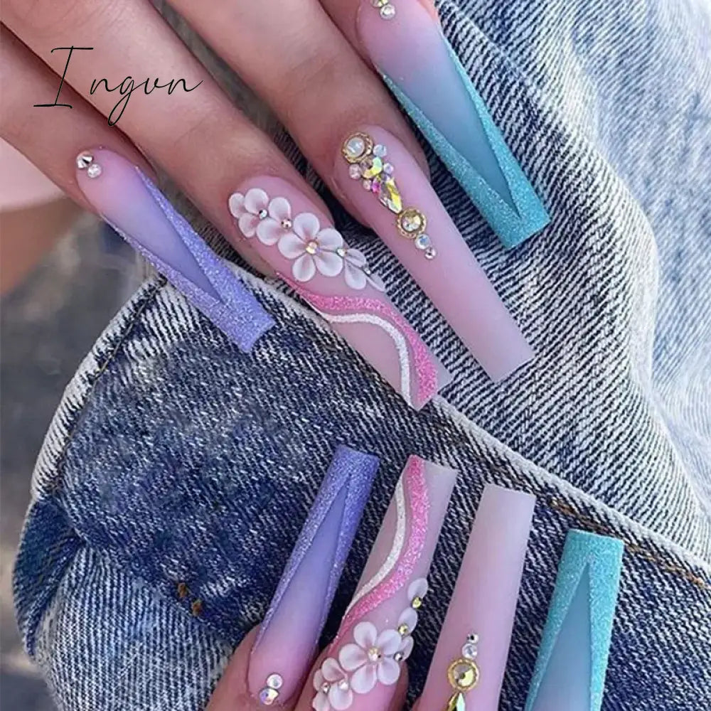24pcs Artifical Bails With Glue Fake Nail Tips With Design Detachable Press On Nails Long Fake Nail Finished Nail Piece Sticker