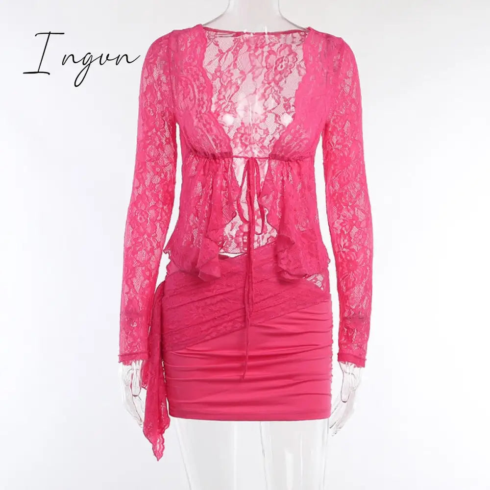 Ingvn - Hollow Out Lace Sexy Dress Set Women Long Sleeve T-shirt And Mini Skirt Sets Lace-up Irregular Party Two Piece Set