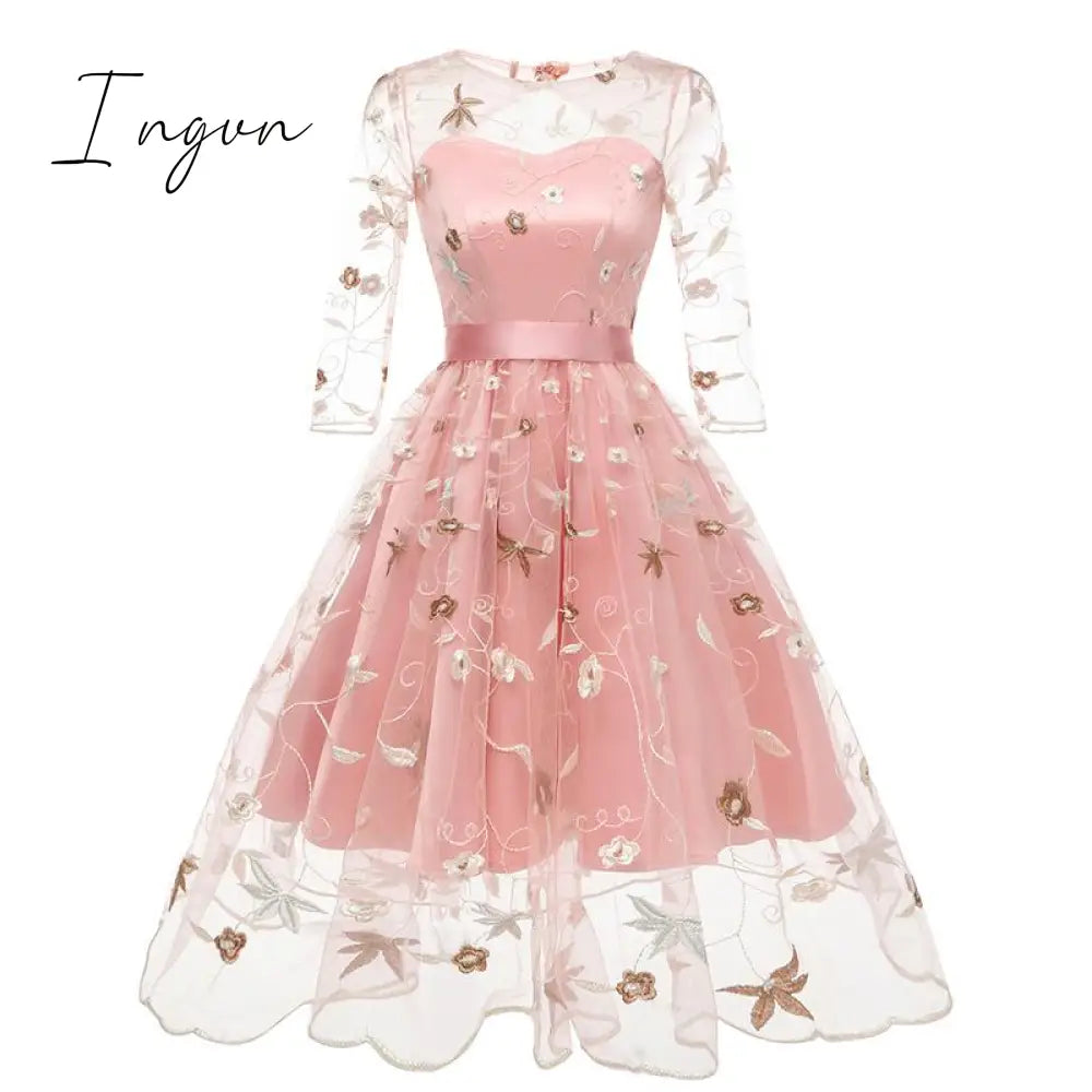 Ingvn - Spring Outfits New Summer Floral Print Embroidery Tulle Female Dress Sweet Elegant High Waist Lace Up A-line Mesh Women Dresses 2XL