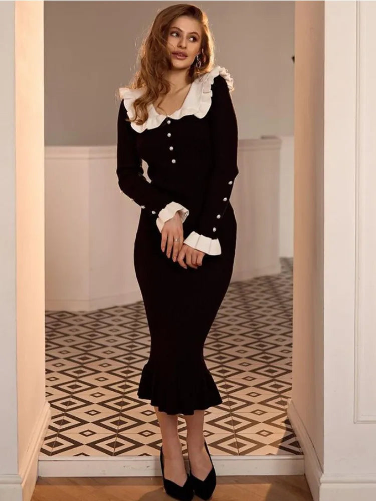 Ruffled Patchwork Knit Maxi Dress For Women Elegant Ribbed Long Sleeve Party Dress Gown Slim Knitwear Fashion Long Dress