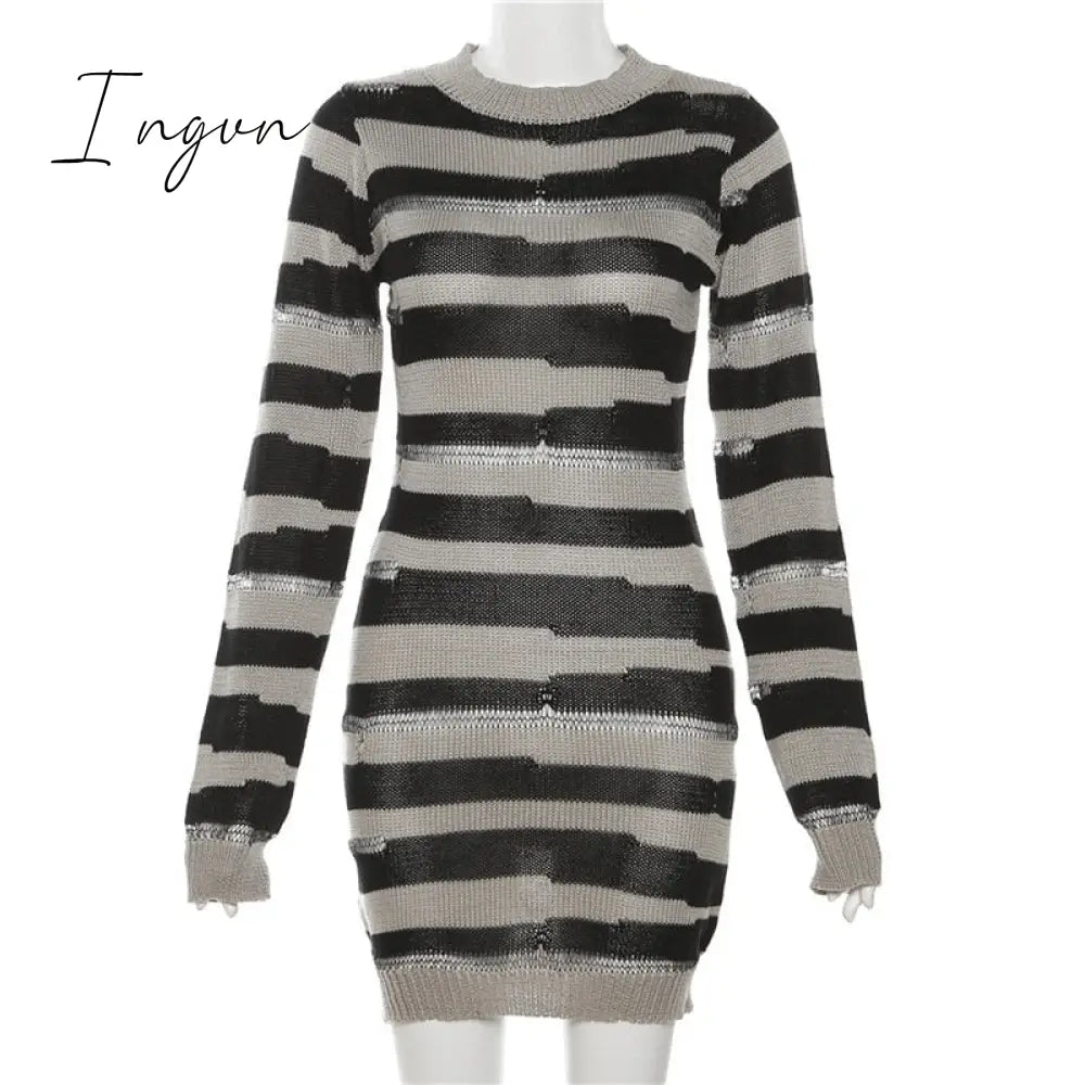 Ingvn - Patchwork Stripe Knitted Mini Dress 2023 Fall Winter Women Fashion Full Sleeve Bodycon Short Clubwear Party Outfits Streetwear
