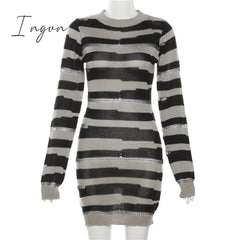 Ingvn - Patchwork Stripe Knitted Mini Dress 2023 Fall Winter Women Fashion Full Sleeve Bodycon Short Clubwear Party Outfits Streetwear