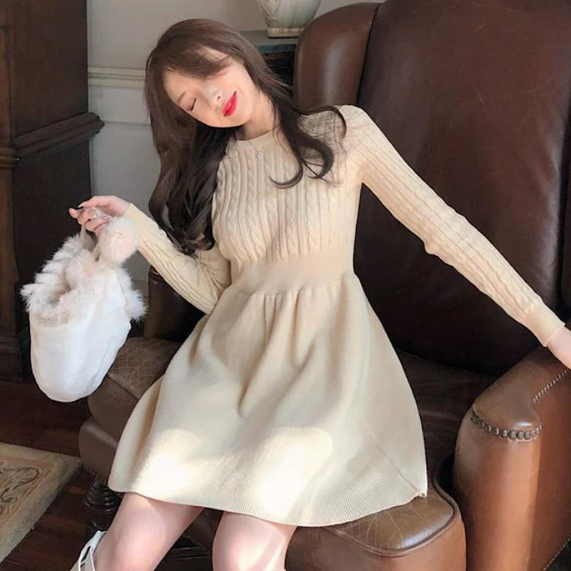 Korean Style Solid Inside Knitting Mini Dress Woman Autumn Winter Warm Long Sleeve Sweater Dresses Elegant Women's Waist Dress