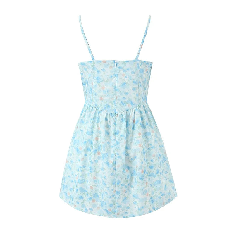 Summer Dress Women Sexy Spaghetti Straps A-line Mini Floral Print Dresses Holiday Robe Short Sundress