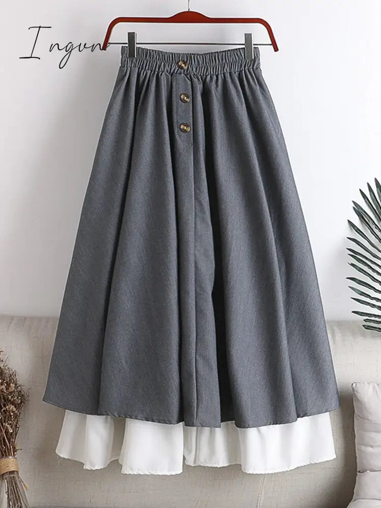 Ingvn - Winter Thick Korean Style Midi Long Pleated Skirt Women White Patchwork Button High Waist A Line Skirt Female