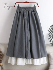 Ingvn - Winter Thick Korean Style Midi Long Pleated Skirt Women White Patchwork Button High Waist A Line Skirt Female