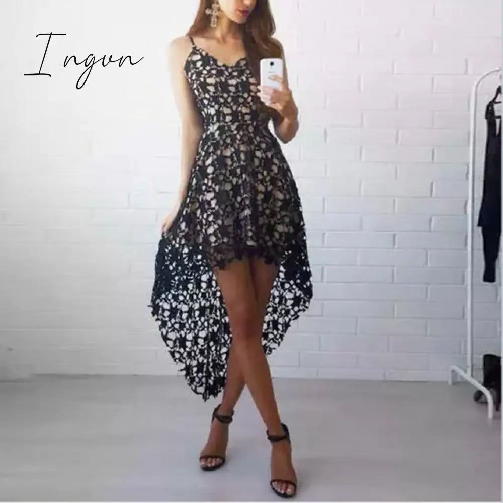 Ingvn - Women Fashion Trends Off Shoulder Lace Patchwork Elegant Dress Women Summer V Neck Spaghetti Strap Dress Female New Fashion Solid Party Dresses